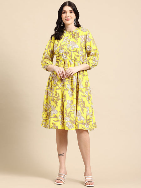 Yellow Floral Printed Puff Sleeve Empire Dress