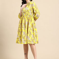 Black Floral Print Puff Sleeve Fit & Flare Dress