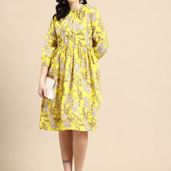 Black Floral Print Puff Sleeve Fit & Flare Dress