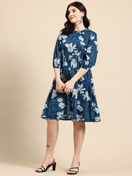 Blue floral print empire dress