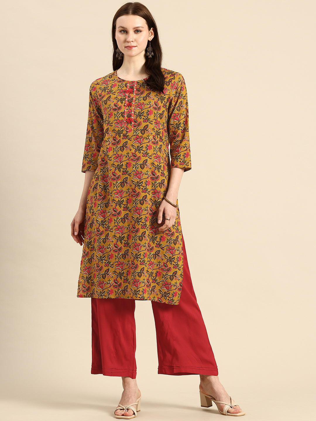 Mustard Floral Printed Regular Gotta Patti Kurta with Palazzos