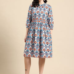 Blue and orange Print Dress