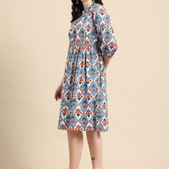 Blue and orange Print Dress