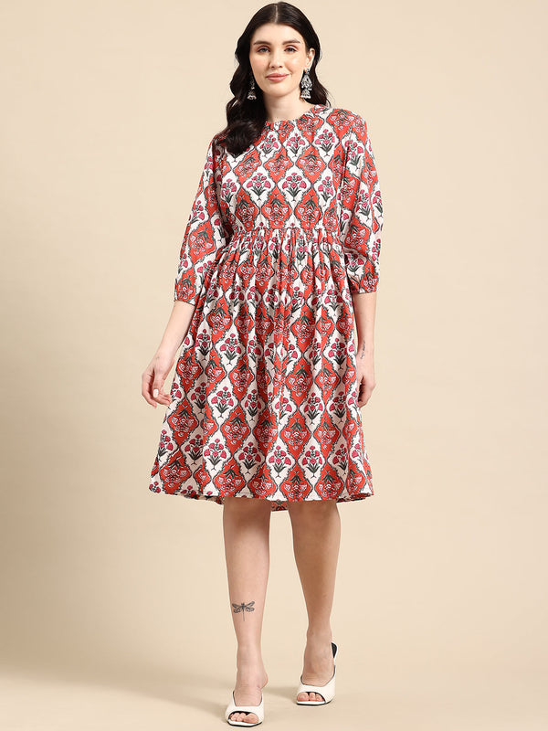 Red and white Printed Dress