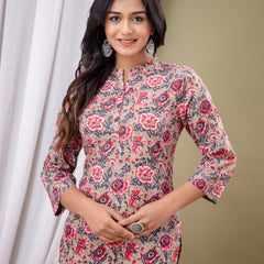 Floral Print Shirt Collar Cotton Longline Top