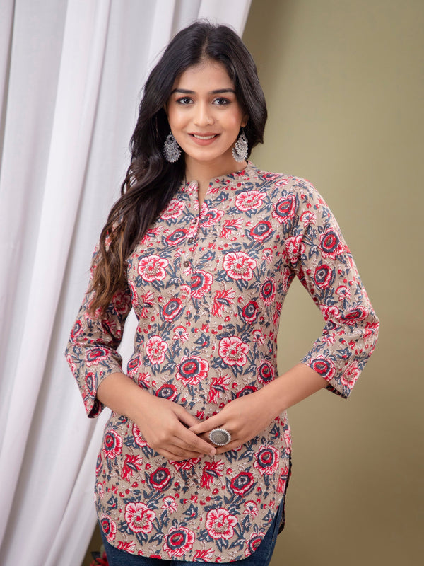 Floral Print Shirt Collar Cotton Longline Top
