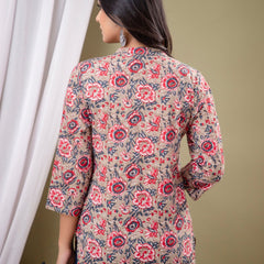Floral Print Shirt Collar Cotton Longline Top