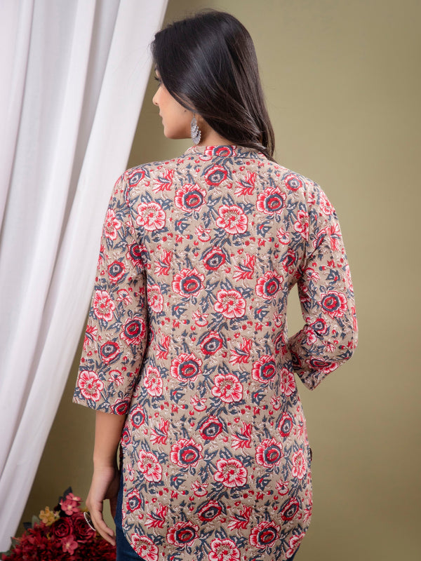 Floral Print Shirt Collar Cotton Longline Top