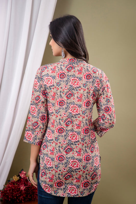 Floral Print Shirt Collar Cotton Longline Top