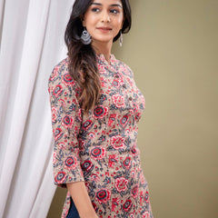 Floral Print Shirt Collar Cotton Longline Top