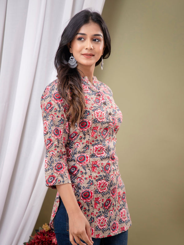 Floral Print Shirt Collar Cotton Longline Top