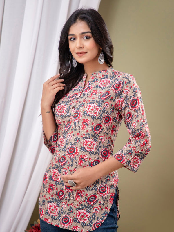 Floral Print Shirt Collar Cotton Longline Top