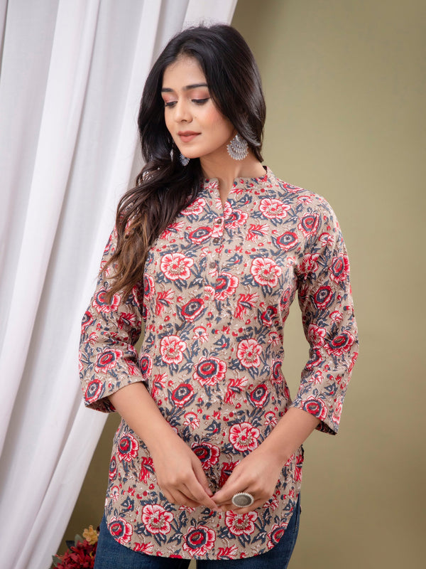 Floral Print Shirt Collar Cotton Longline Top