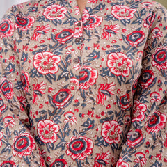 Floral Print Shirt Collar Cotton Longline Top