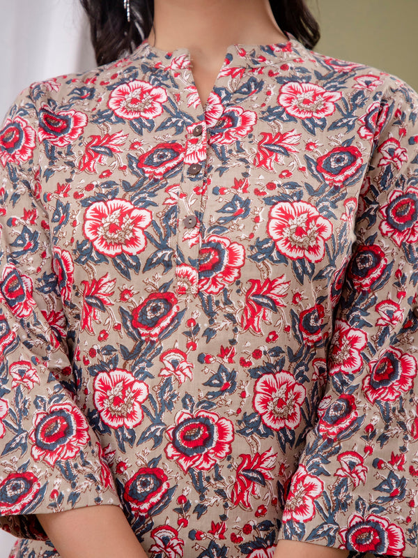Floral Print Shirt Collar Cotton Longline Top