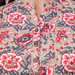 Floral Print Shirt Collar Cotton Longline Top