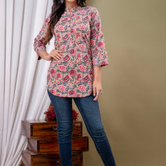 Floral Print Shirt Collar Cotton Longline Top