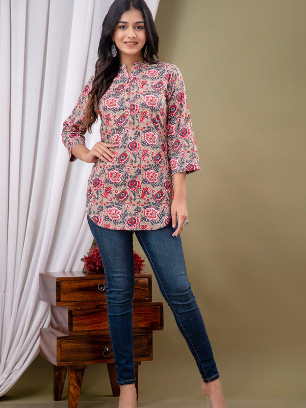Floral Print Shirt Collar Cotton Longline Top