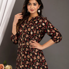 Black Floral Print Roll-Up Sleeves Shirt Style Top