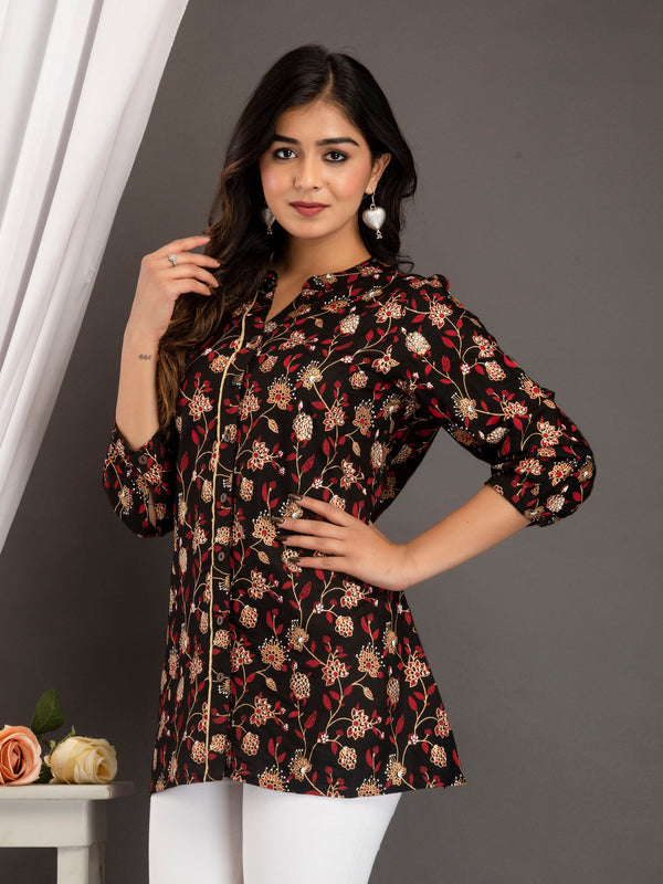 Black Floral Print Roll-Up Sleeves Shirt Style Top