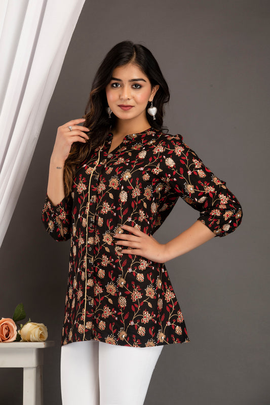 Black Floral Print Roll-Up Sleeves Shirt Style Top