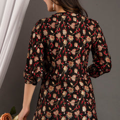 Black Floral Print Roll-Up Sleeves Shirt Style Top