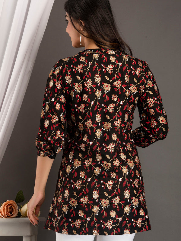 Black Floral Print Roll-Up Sleeves Shirt Style Top