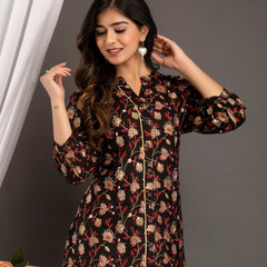Black Floral Print Roll-Up Sleeves Shirt Style Top