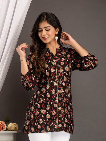 Black Floral Print Roll-Up Sleeves Shirt Style Top