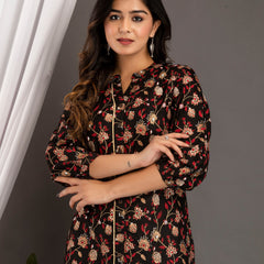 Black Floral Print Roll-Up Sleeves Shirt Style Top