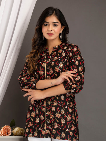 Black Floral Print Roll-Up Sleeves Shirt Style Top