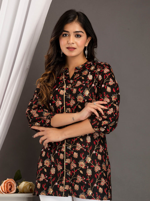 Black Floral Print Roll-Up Sleeves Shirt Style Top