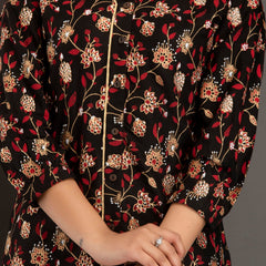 Black Floral Print Roll-Up Sleeves Shirt Style Top