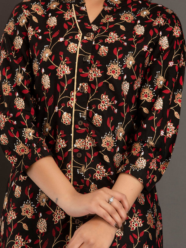 Black Floral Print Roll-Up Sleeves Shirt Style Top