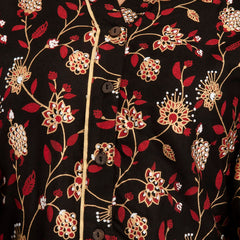 Black Floral Print Roll-Up Sleeves Shirt Style Top