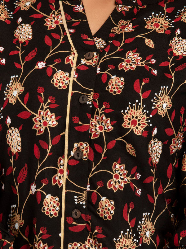 Black Floral Print Roll-Up Sleeves Shirt Style Top