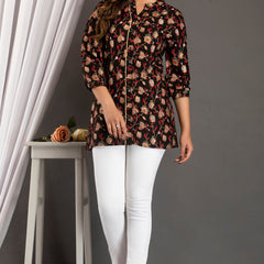 Black Floral Print Roll-Up Sleeves Shirt Style Top