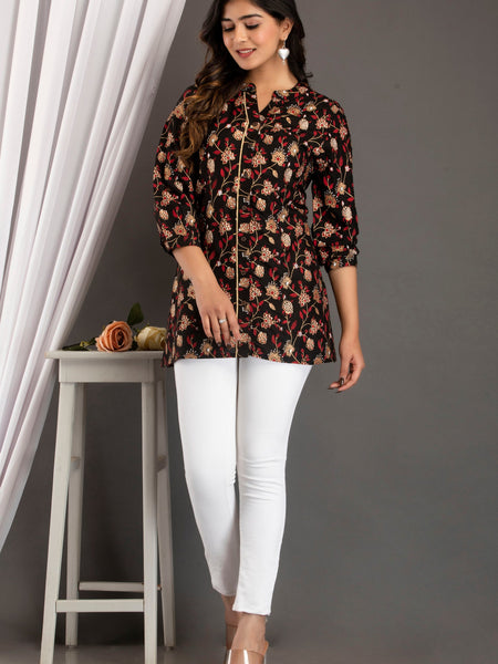 Black Floral Print Roll-Up Sleeves Shirt Style Top