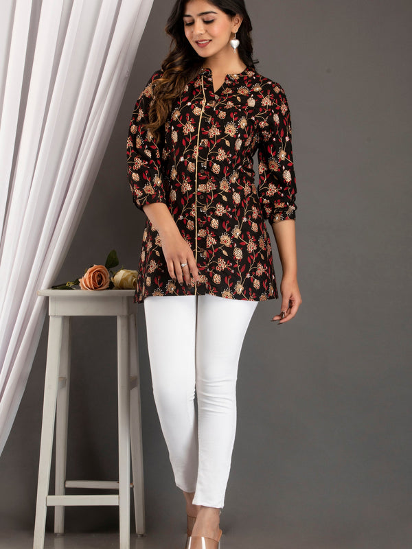 Black Floral Print Roll-Up Sleeves Shirt Style Top