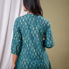 Blue Floral Print Mandarin Collar Shirt Style Top