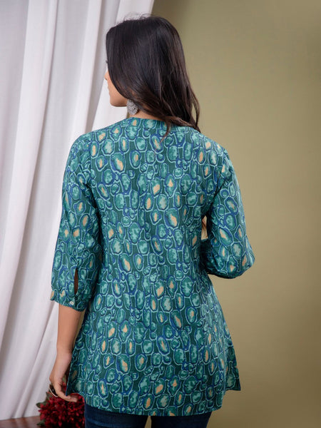 Blue Floral Print Mandarin Collar Shirt Style Top