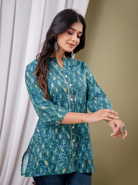 Blue Floral Print Mandarin Collar Shirt Style Top