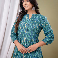 Blue Floral Print Mandarin Collar Shirt Style Top