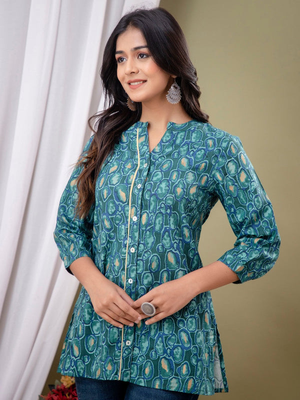 Blue Floral Print Mandarin Collar Shirt Style Top