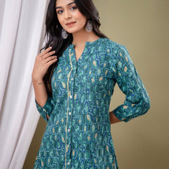 Blue Floral Print Mandarin Collar Shirt Style Top