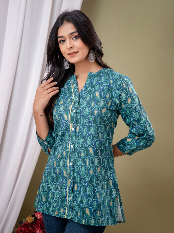 Blue Floral Print Mandarin Collar Shirt Style Top