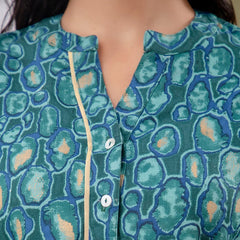 Blue Floral Print Mandarin Collar Shirt Style Top