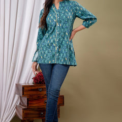 Blue Floral Print Mandarin Collar Shirt Style Top