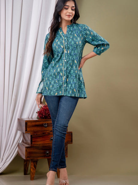 Blue Floral Print Mandarin Collar Shirt Style Top