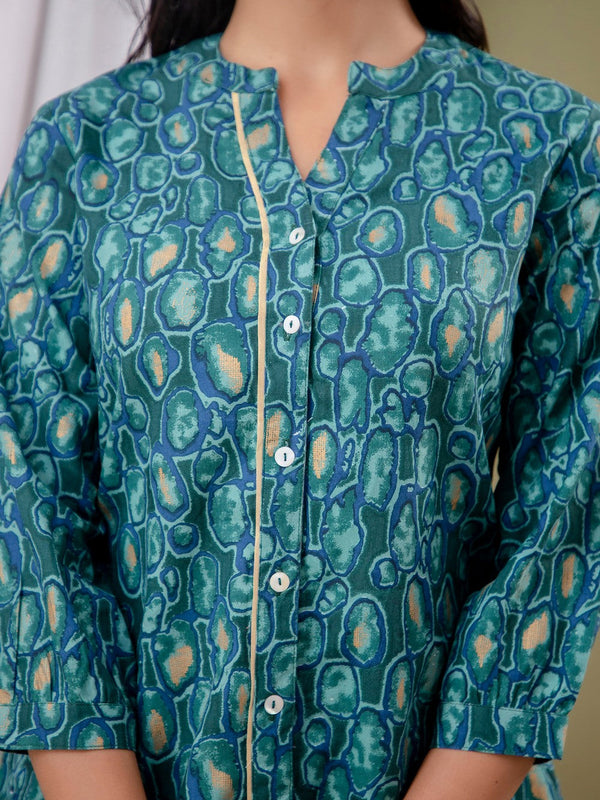 Blue Floral Print Mandarin Collar Shirt Style Top